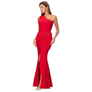 XSCAPE Nara One Shoulder Asymmetric Twist Draped Slit Jersey Dress Red Size 18W